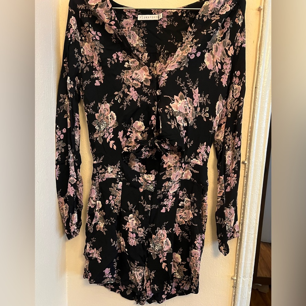 Flynn Sky black floral print long sleeve romper